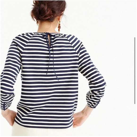 J Crew Top Small Navy White Striped Peasant Classic Nautical Coastal Vacation - Picture 3 of 15